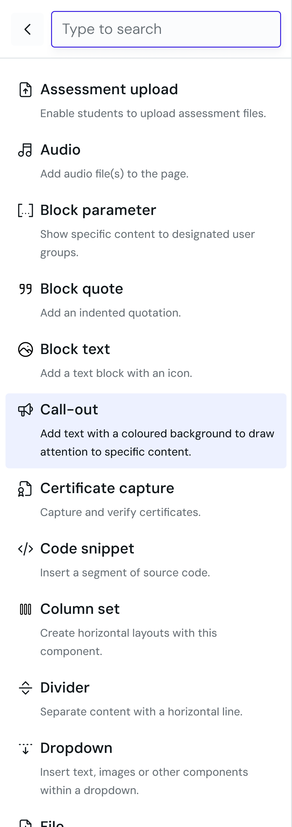 Descriptions and common search terms were added to the widget menu.