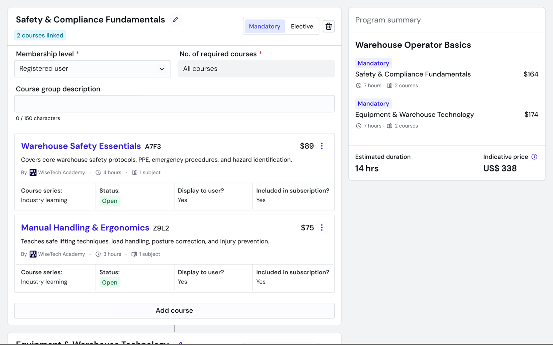 The 'shopping cart' pattern gives admins a live view of cost, duration, and structure as they build.